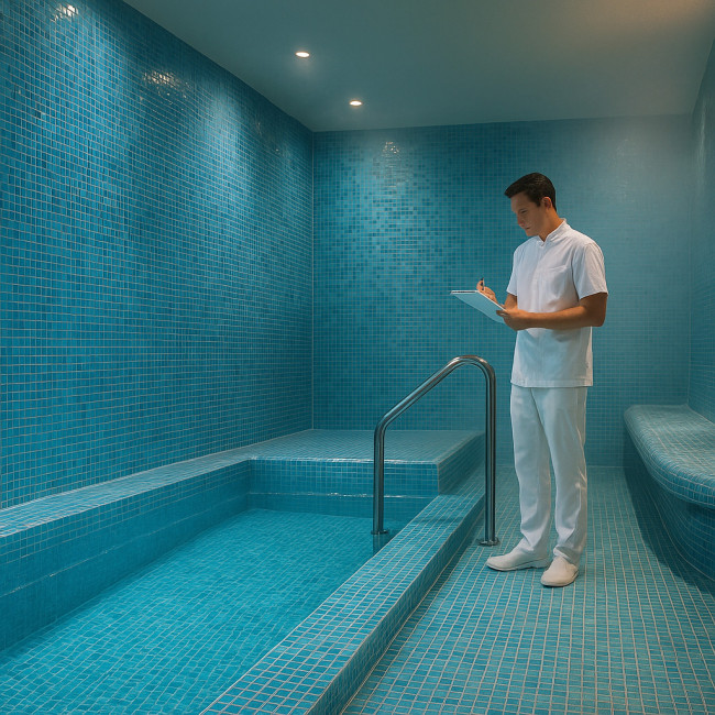 Illustration d'un spa d'hôtel en mosaïque conforme aux normes d'hygiène