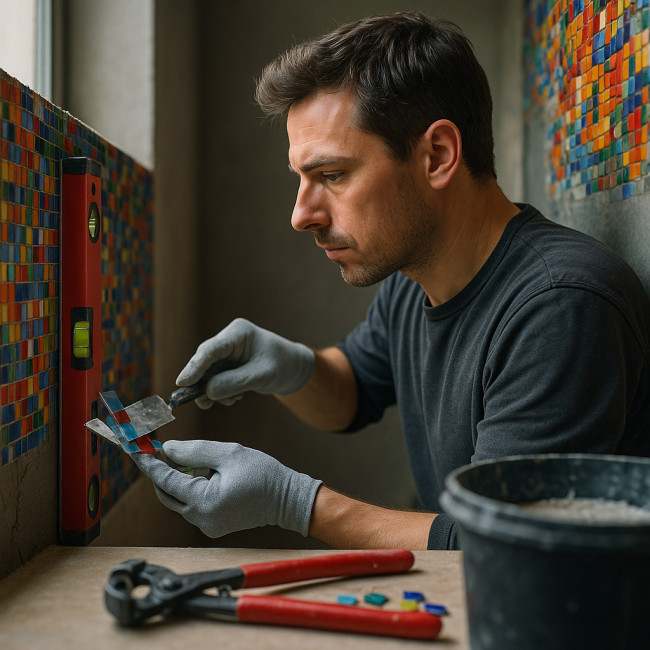 Mosaïste posant des tesselles sur un mur