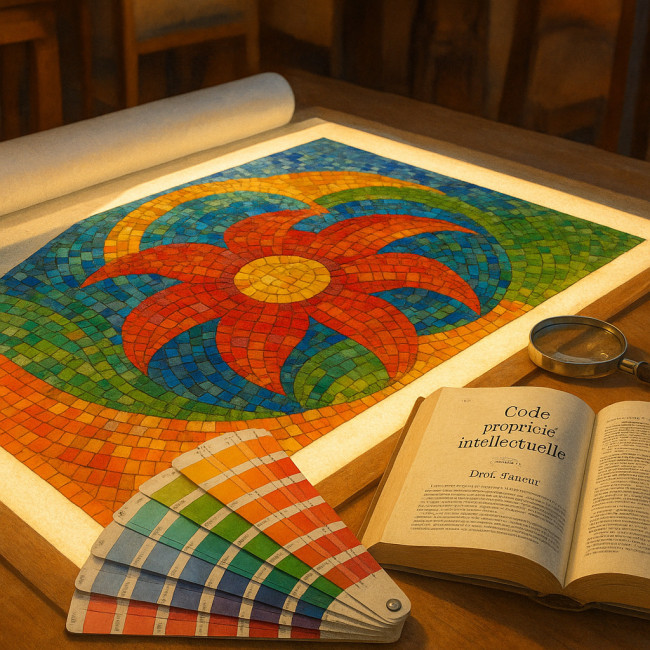 atelier de mosaïste avec mosaïque et code de la propriété intellectuelle