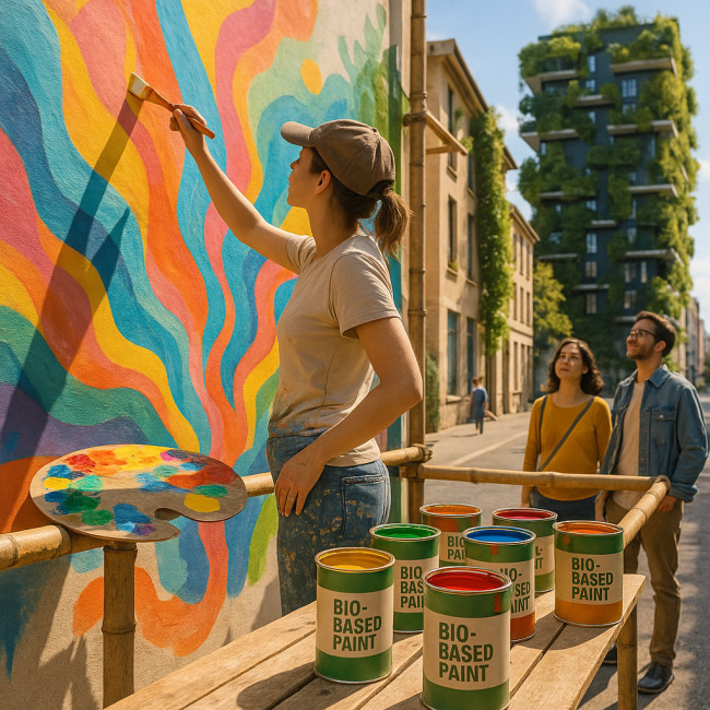 Artiste peignant une fresque éco-responsable avec peintures biosourcées