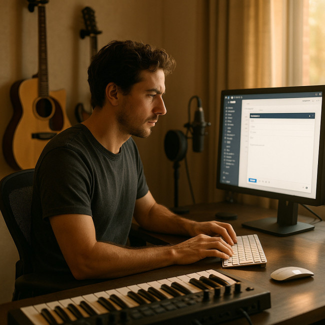 musicien rédige un email de candidature dans son home studio