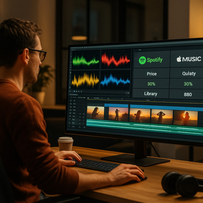 studio de montage vidéo avec formes d'onde et tableau comparatif