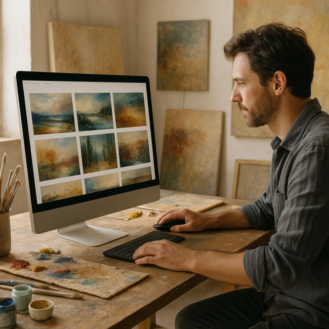Artiste observant son portfolio numérique dans un atelier