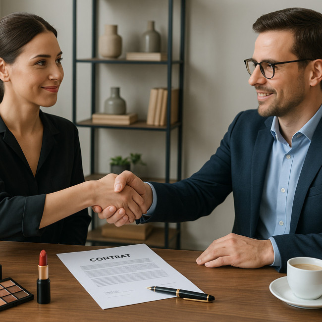 maquilleuse et responsable marque cosmétiques signant un contrat d'influence