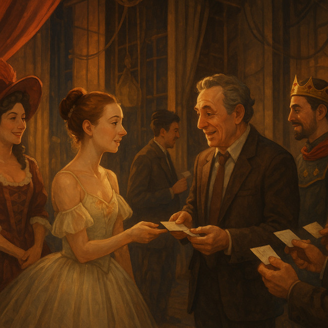 artistes échangeant cartes de visite en coulisse