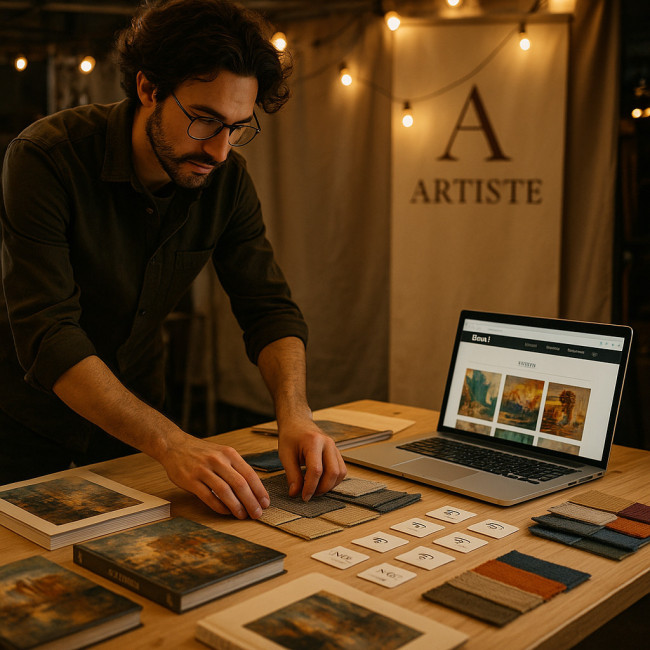 Artiste préparant son stand avant un vernissage