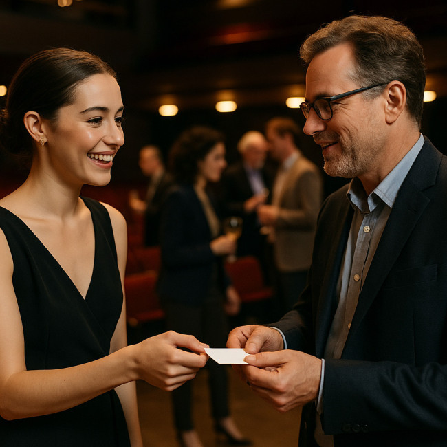 Comédienne échangeant carte de visite pendant un cocktail pro