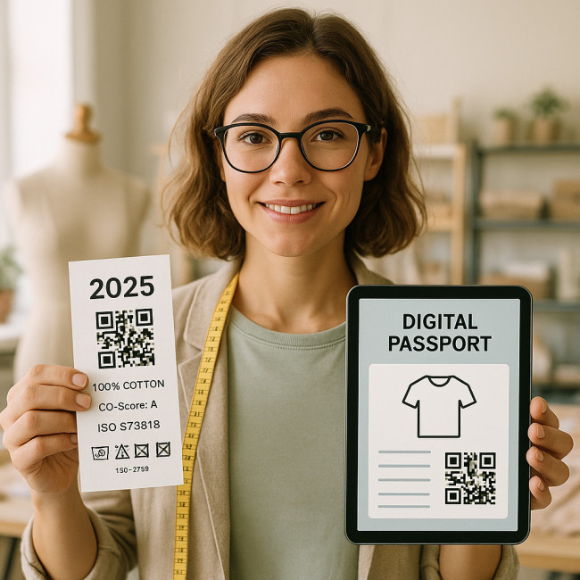 Styliste examinant une étiquette textile 2025 avec QR code et indicateurs de durabilité