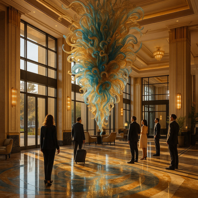 sculpture verrière suspendue éclairée dans un lobby d'hôtel