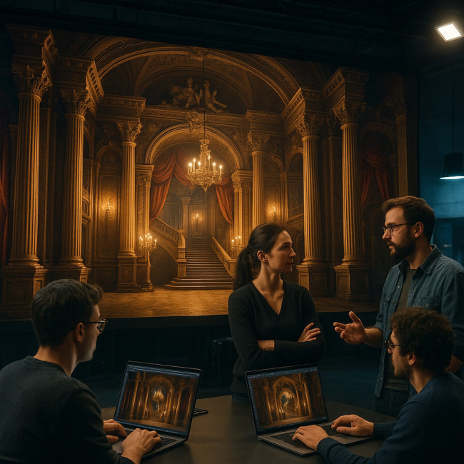 Scénographes présentant un décor d'opéra en 3D temps réel