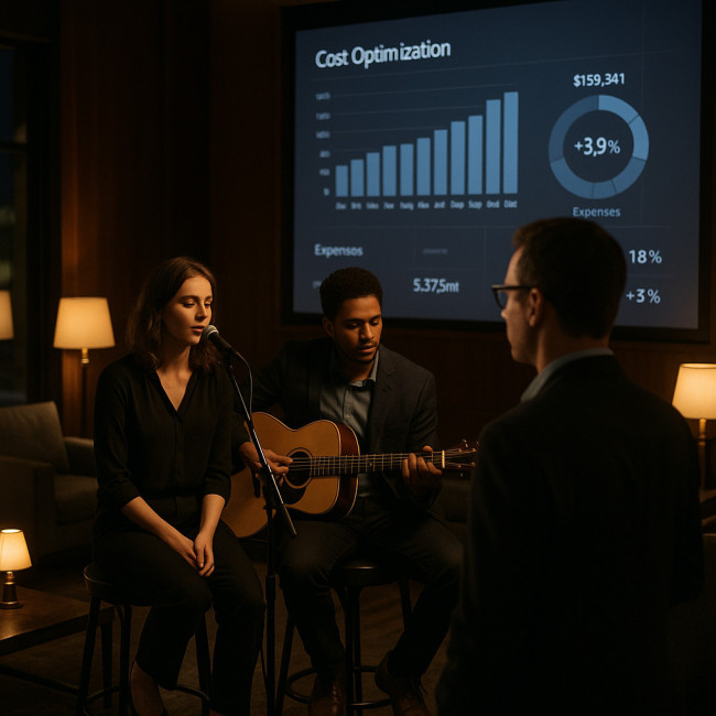 Duo acoustique et gestionnaire analysant les coûts