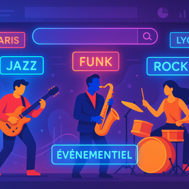 Illustration d'un musicien entouré de mots-clés numériques