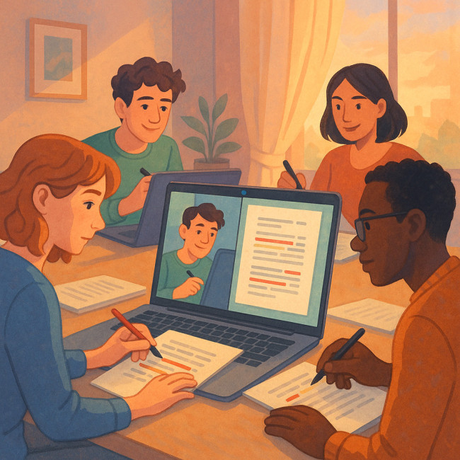 Illustration d'auteurs partageant leurs manuscrits en ligne