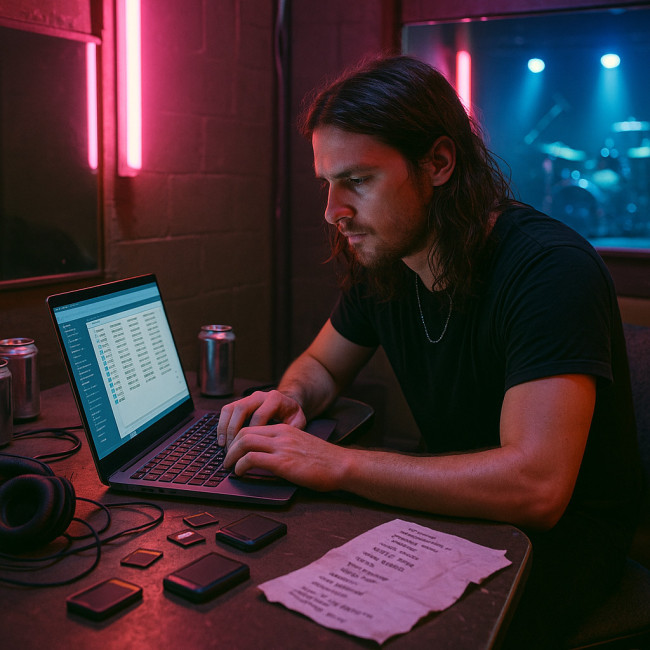 Musicien triant ses fichiers backstage
