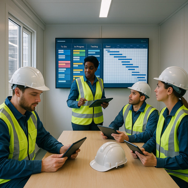 Équipe de chantier travaillant avec des outils digitaux