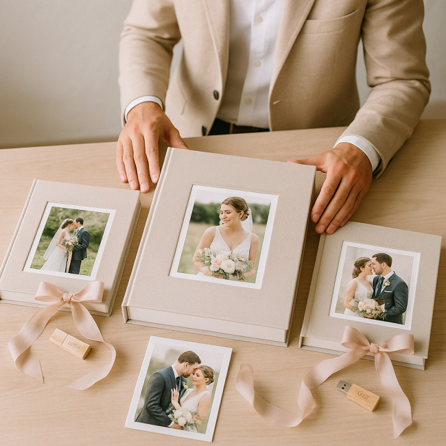 Illustration premium présentant trois packages photo mariage