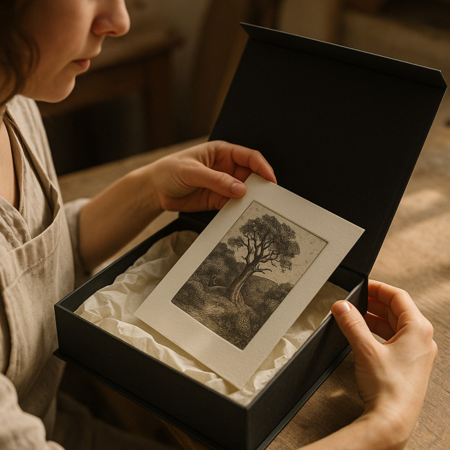 ouverture d'un coffret contenant une estampe