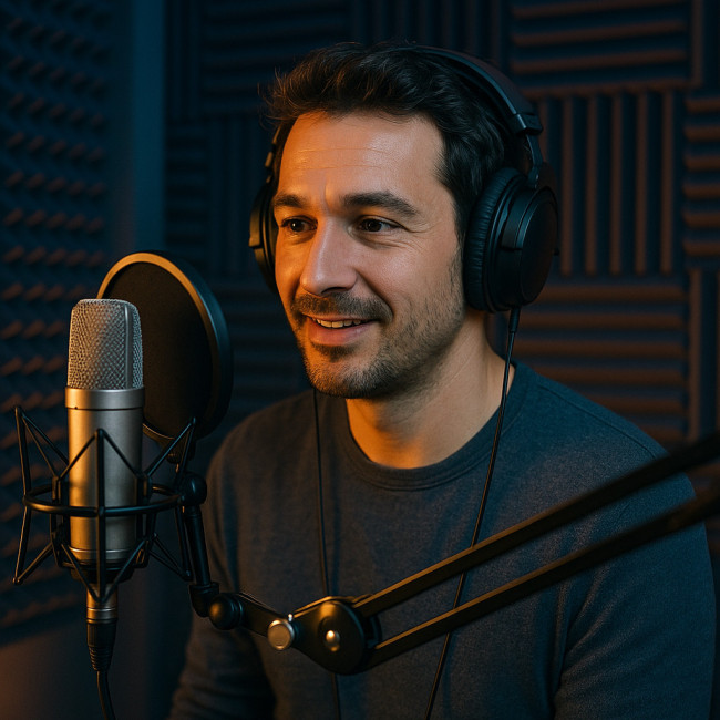 comédien enregistrant une voix off dans son home studio