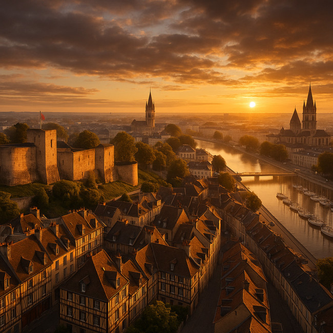 Vue aérienne au lever du soleil sur les monuments phares de Caen