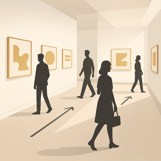 Illustration d'un parcours visiteur fluide lors d'un vernissage