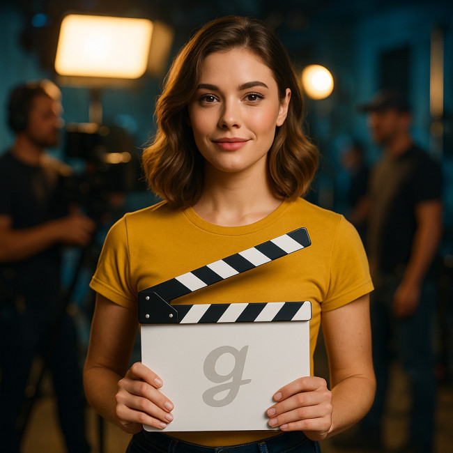 Actrice sur un plateau tenant un clap marqué d'une marque