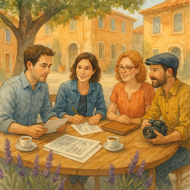 équipe créative réunie dans un village provençal