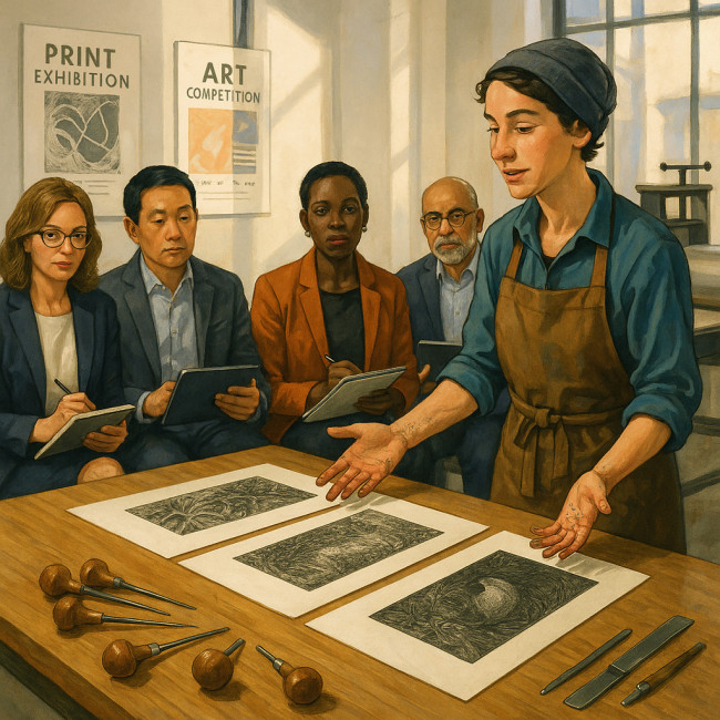 Artiste graveur devant un jury international lors d'un concours