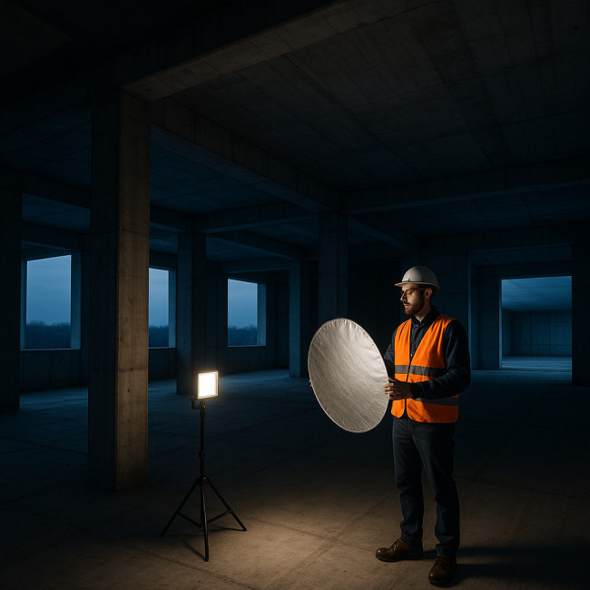 lumière matinale diffusée sur chantier, LED et réflecteur