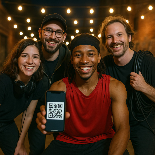 Photo de groupe avec danseur et équipe technique après le spectacle