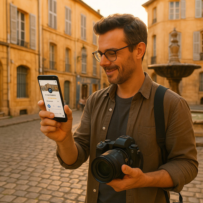 photographe vérifiant son profil Google Business dans le centre d'Aix