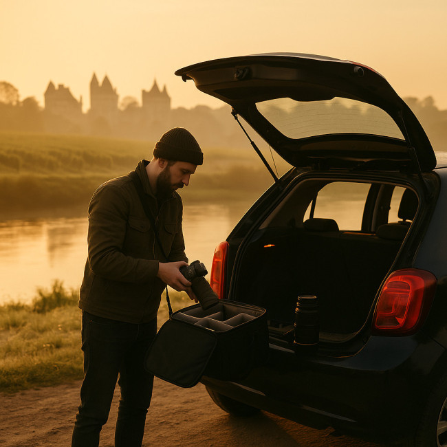 Photographe chargeant son matériel dans sa voiture en Touraine