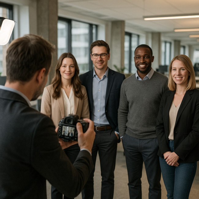photographe corporate réalisant un portrait d'équipe en entreprise
