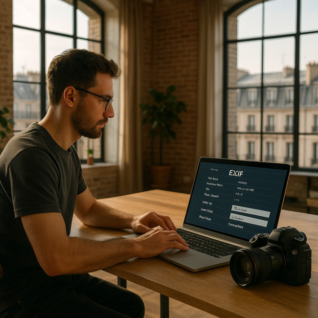 Photographe ajoutant des coordonnées GPS dans un logiciel EXIF