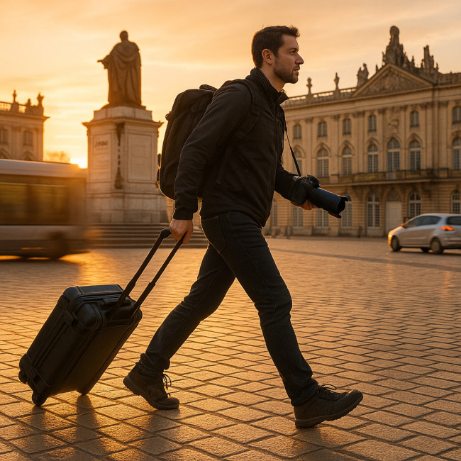 photographe traversant la place Stanislas avec son matériel