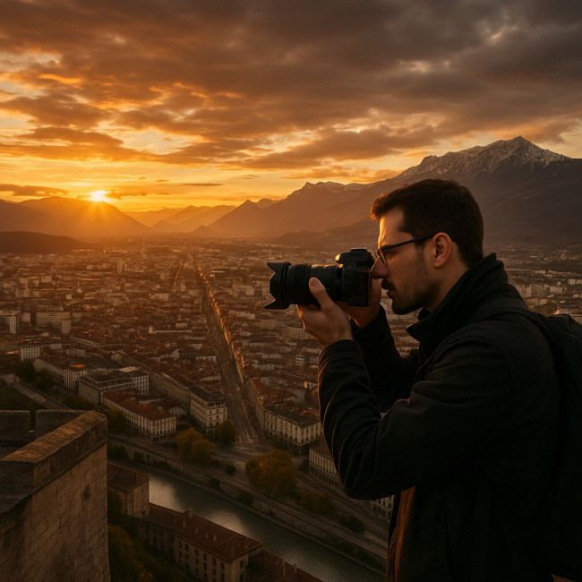 photographe à Grenoble en haut de la Bastille au coucher du soleil