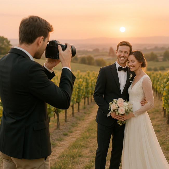 photo fine-art d'un couple de mariés au coucher du soleil