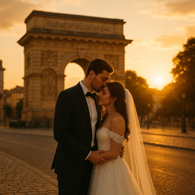 Couple de mariés photographié en ville au coucher du soleil