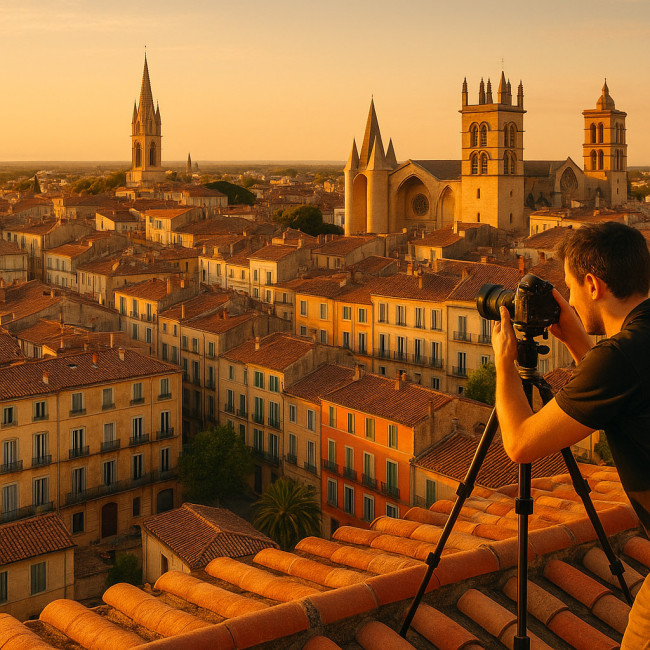 Photographe capturant la lumière dorée à Montpellier