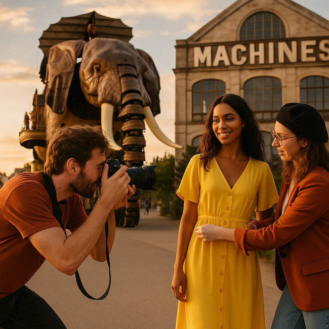 Photographe et styliste collaborant à Nantes devant Les Machines de l'Île