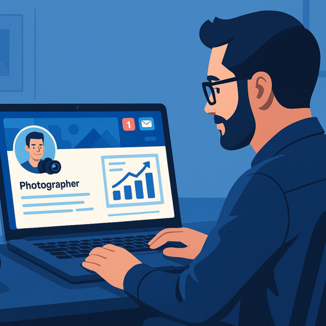Photographe analysant un profil LinkedIn optimisé