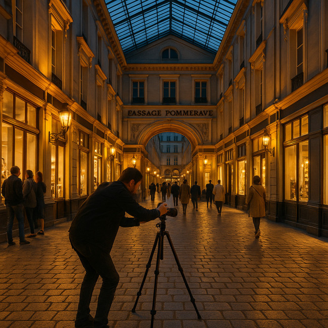Photographe devant le Passage Pommeraye au crépuscule