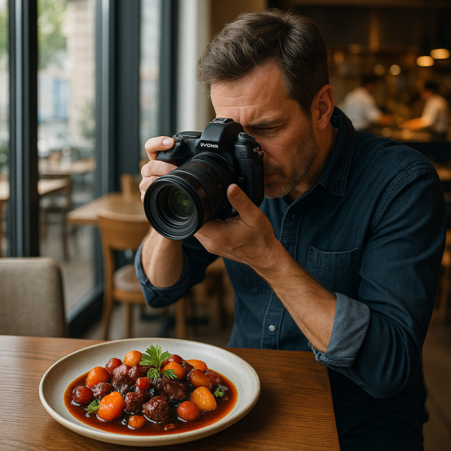 Photographe capturant un plat bourguignon dans un restaurant dijonnais