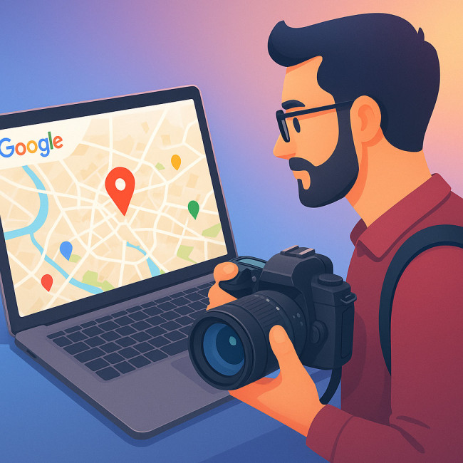 photographe pointant un repère sur une carte pour le SEO local