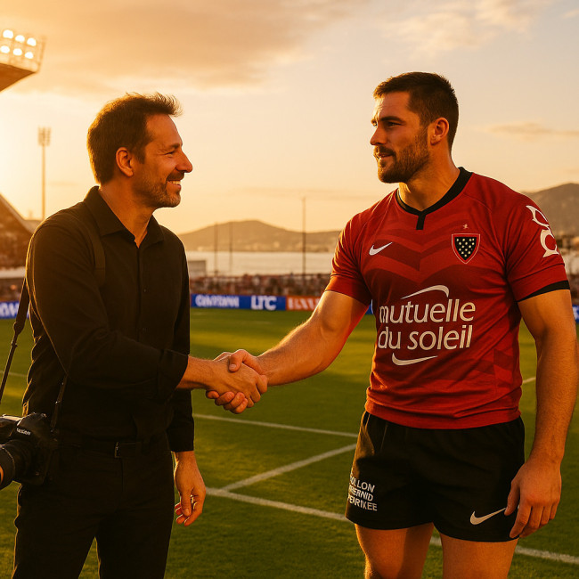 Photographe serrant la main d'un rugbyman au Stade Mayol