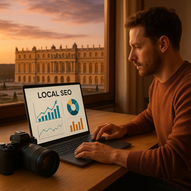 photographe travaillant son SEO avec vue sur Versailles