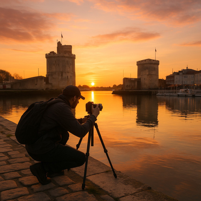 photographe au Vieux-Port de La Rochelle au coucher du soleil