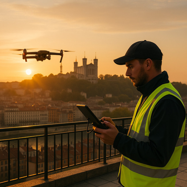 télépilote de drone au lever du soleil sur Lyon