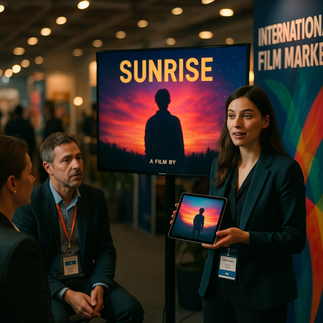 réalisatrice présentant son film devant des producteurs lors d'un marché du film
