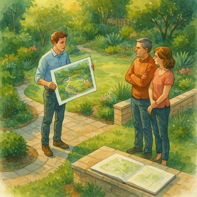 Paysagiste présentant son pitch dans un jardin