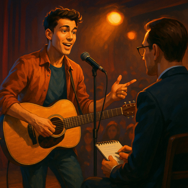 Artiste pitchant face à un directeur de casting pendant un showcase